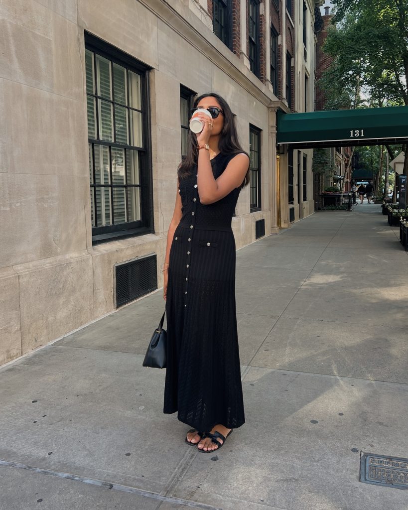 Black Knit Maxi Dress + Black Slides