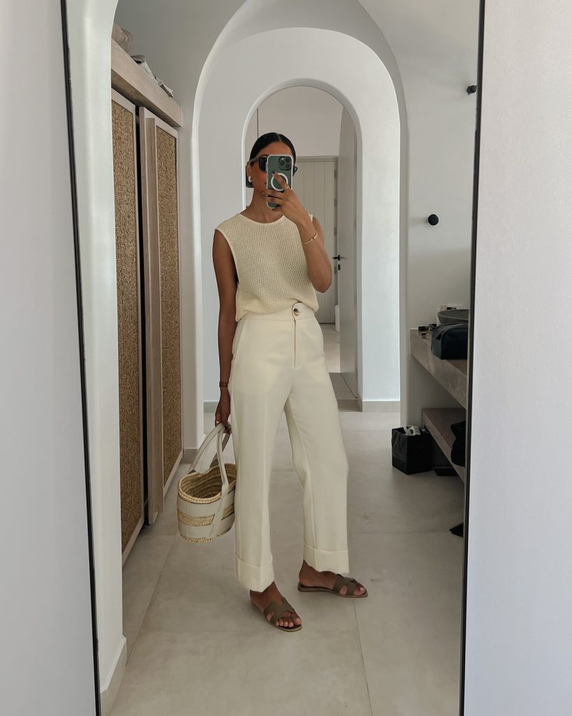 Cream Knit Top + White Tailored Pants