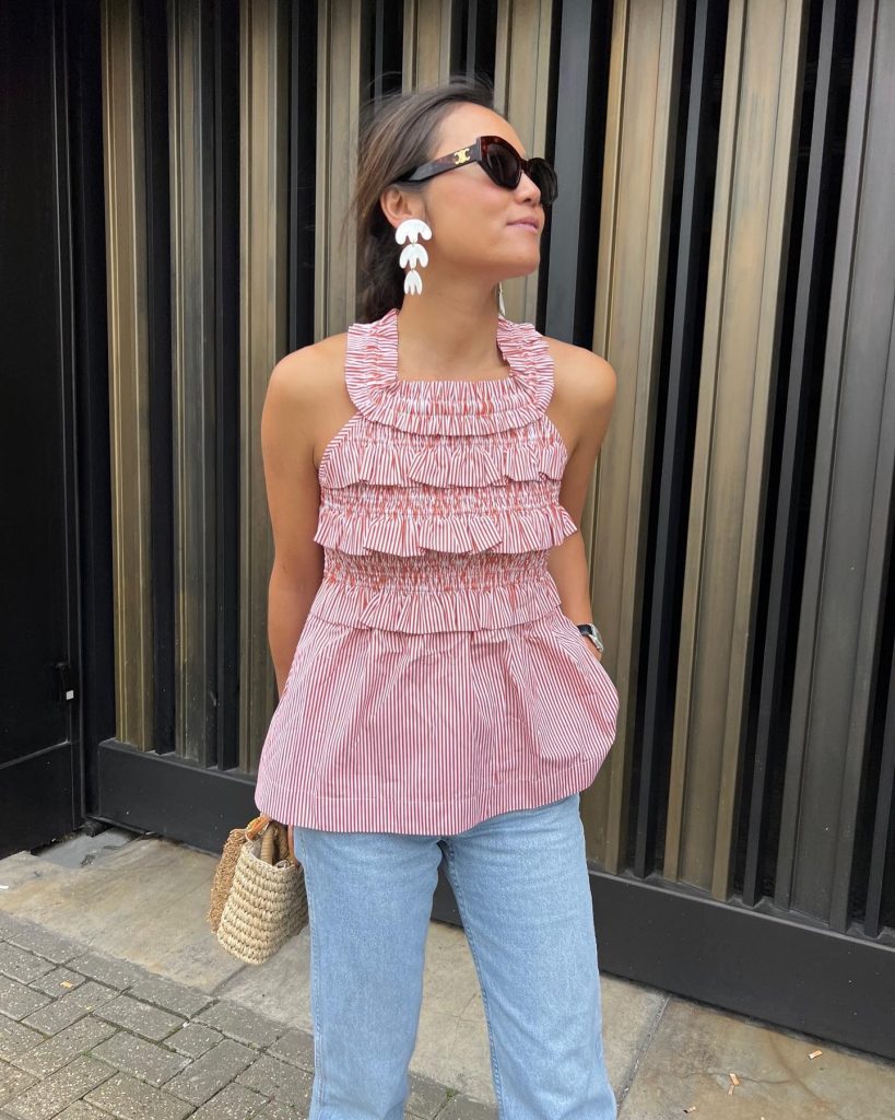 Red Striped Ruffled Halter Top + Light-Wash Jeans