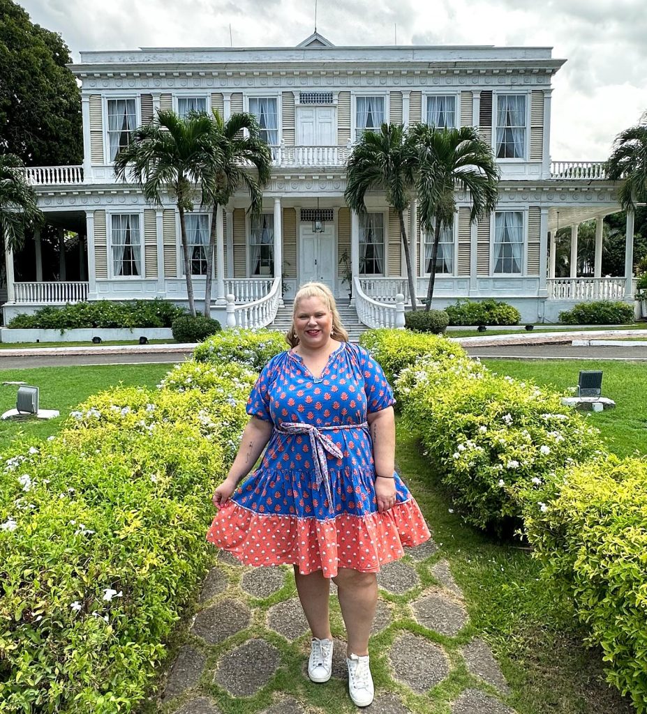 Blue Patterned Dress + Coral Ruffled Hem + White Sneakers