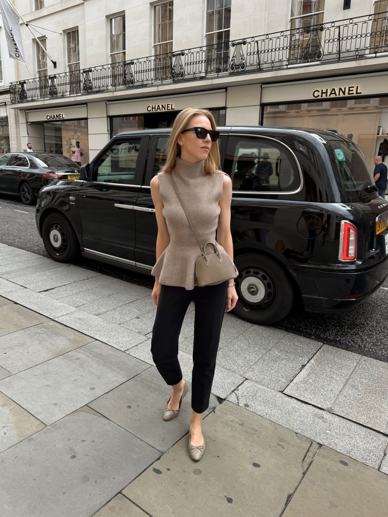 Taupe Knit Peplum Top + Black Ankle Pants