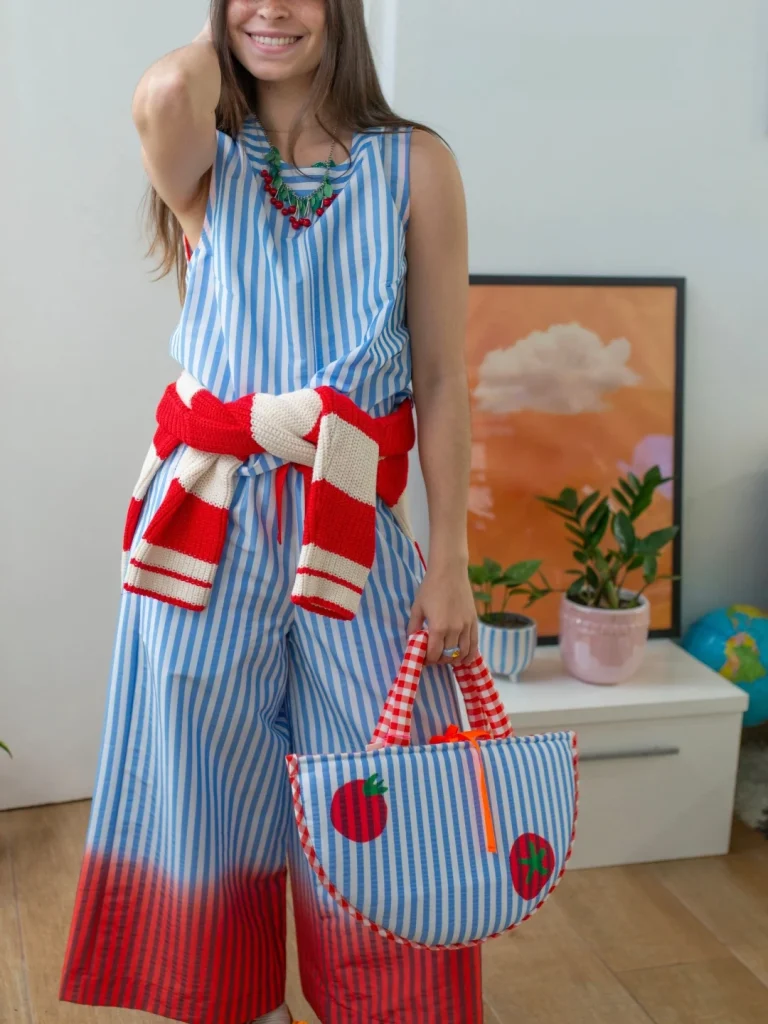 Blue Striped Jumpsuit + Red Striped Knit Sweater + Striped Tote Bag