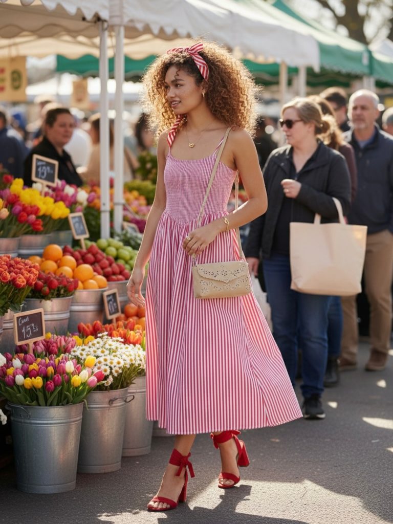 Red Gingham Midi Dress + Red Strappy Heels