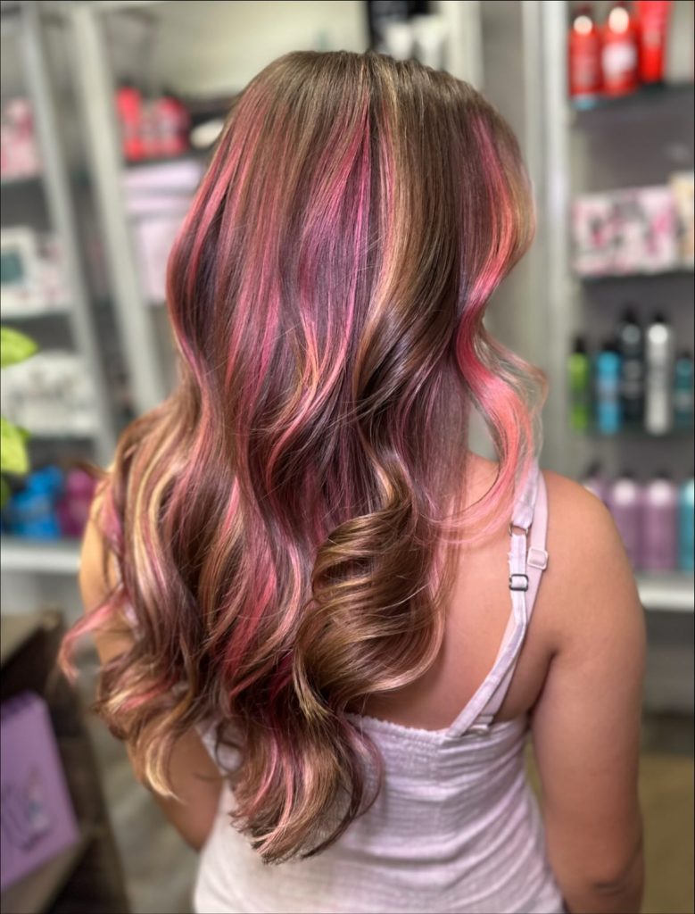 Cotton Candy Pink Streaks on Brown Hair