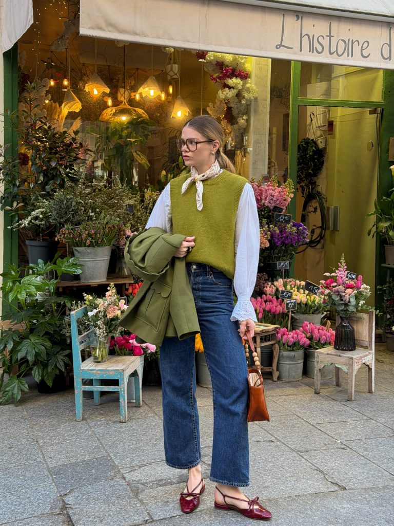 Green Vest + White Blouse + Blue Jeans