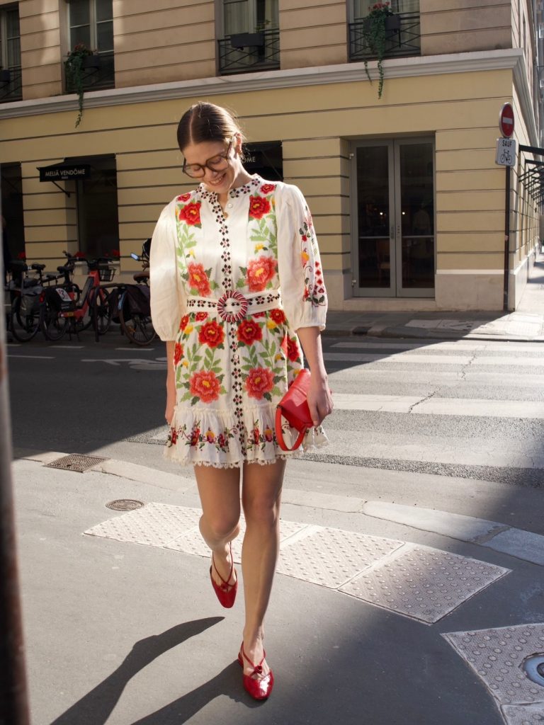 Embroidered White Mini Dress + Red Ballet Flats