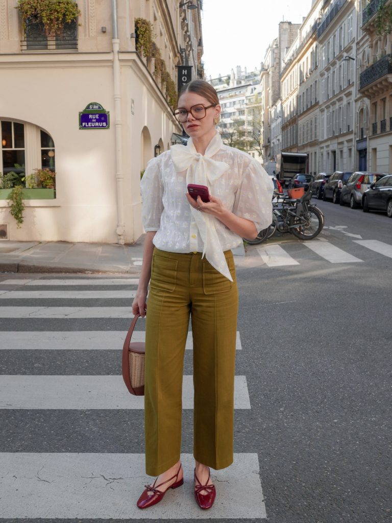 Sheer White Bow Blouse + Mustard Trousers