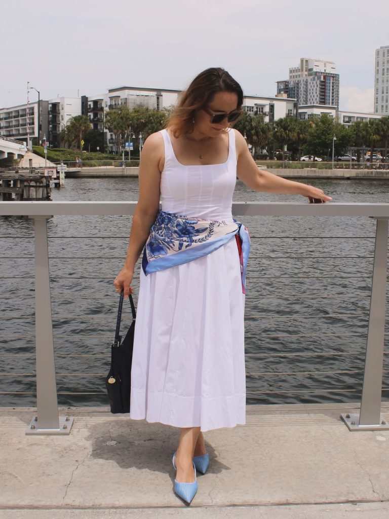 White Square-Neck Midi Dress + Blue Floral Waist Scarf