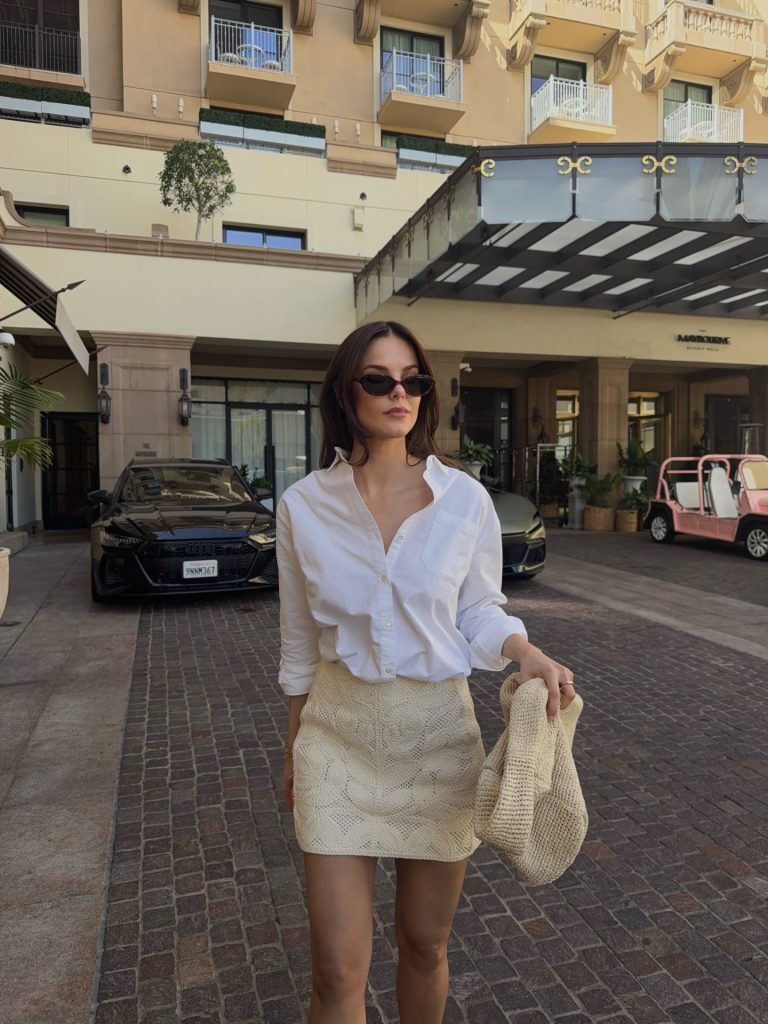 White Button-Down Shirt + Cream Textured Mini Skirt