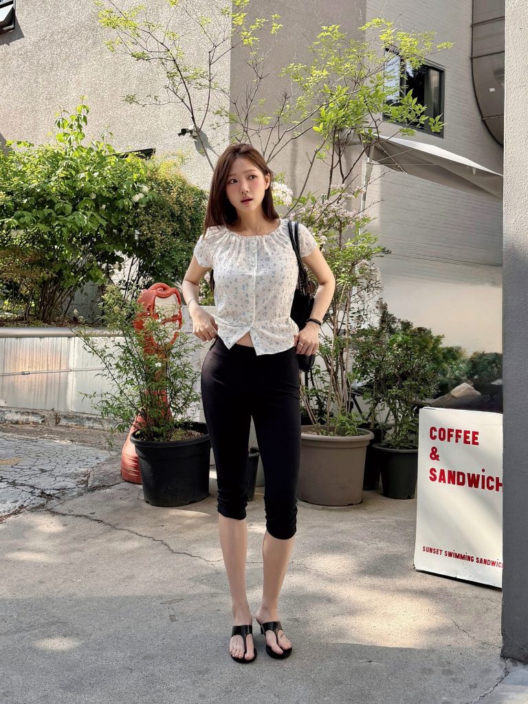White Floral Blouse + Black Capris Pants