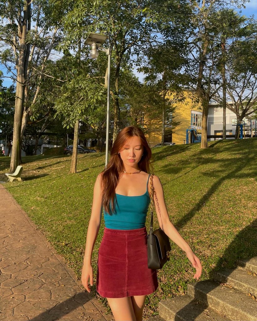 Teal Camisole Top + Burgundy Corduroy Skirt