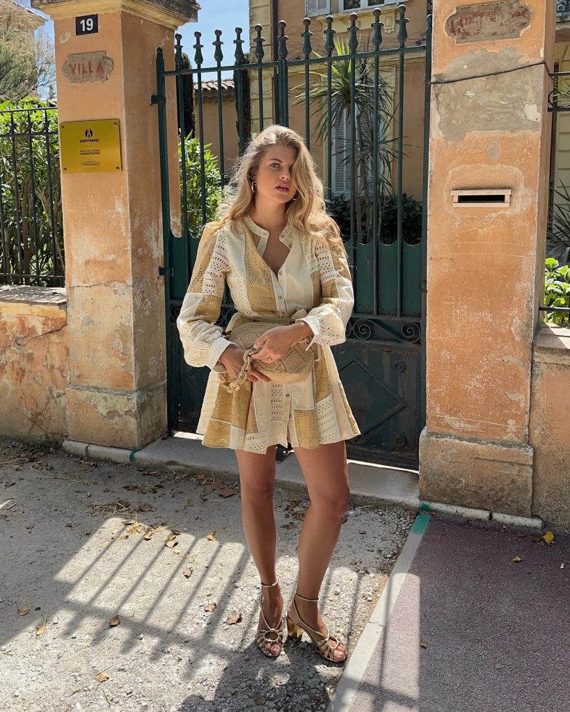 Beige Patchwork Lace Dress + Woven Shoulder Bag + Gold Sandals