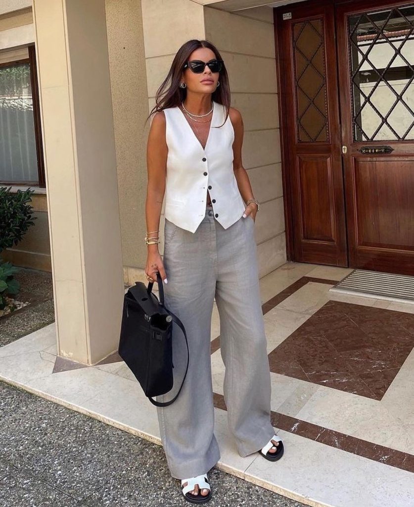 White Tailored Vest + Grey Wide-Leg Trousers