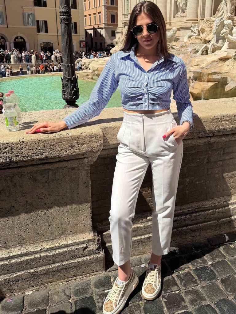 Blue Striped Shirt + White Trousers