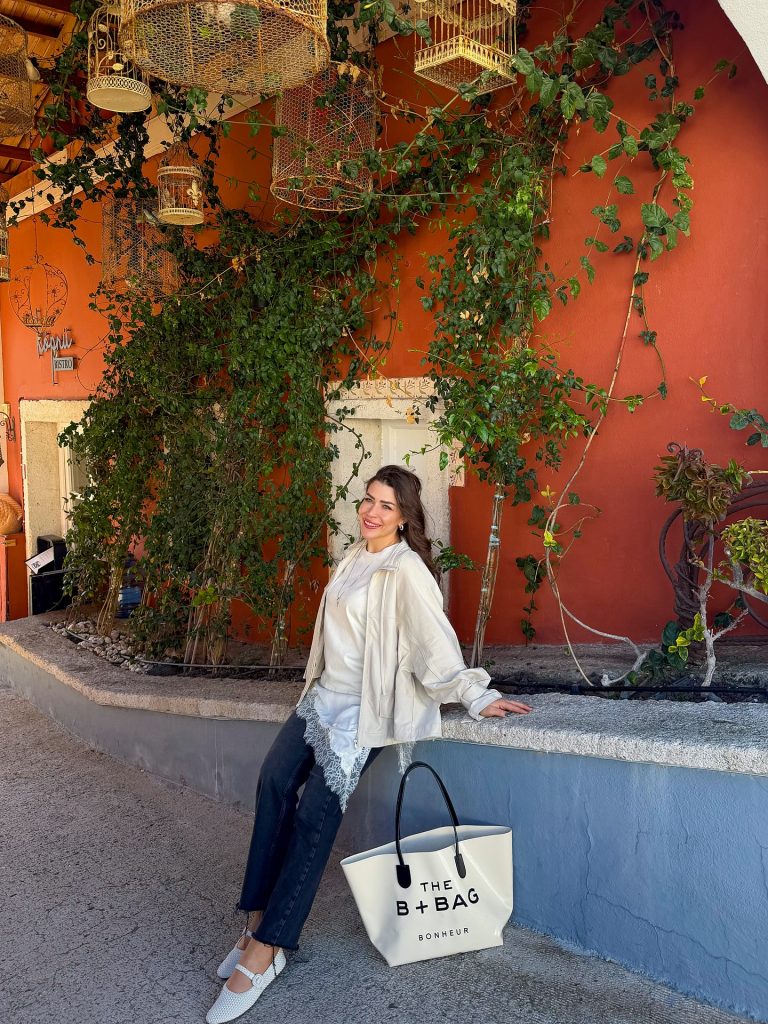 Beige Button-Up Jacket + White Lace Trim Top + Dark Grey Jeans