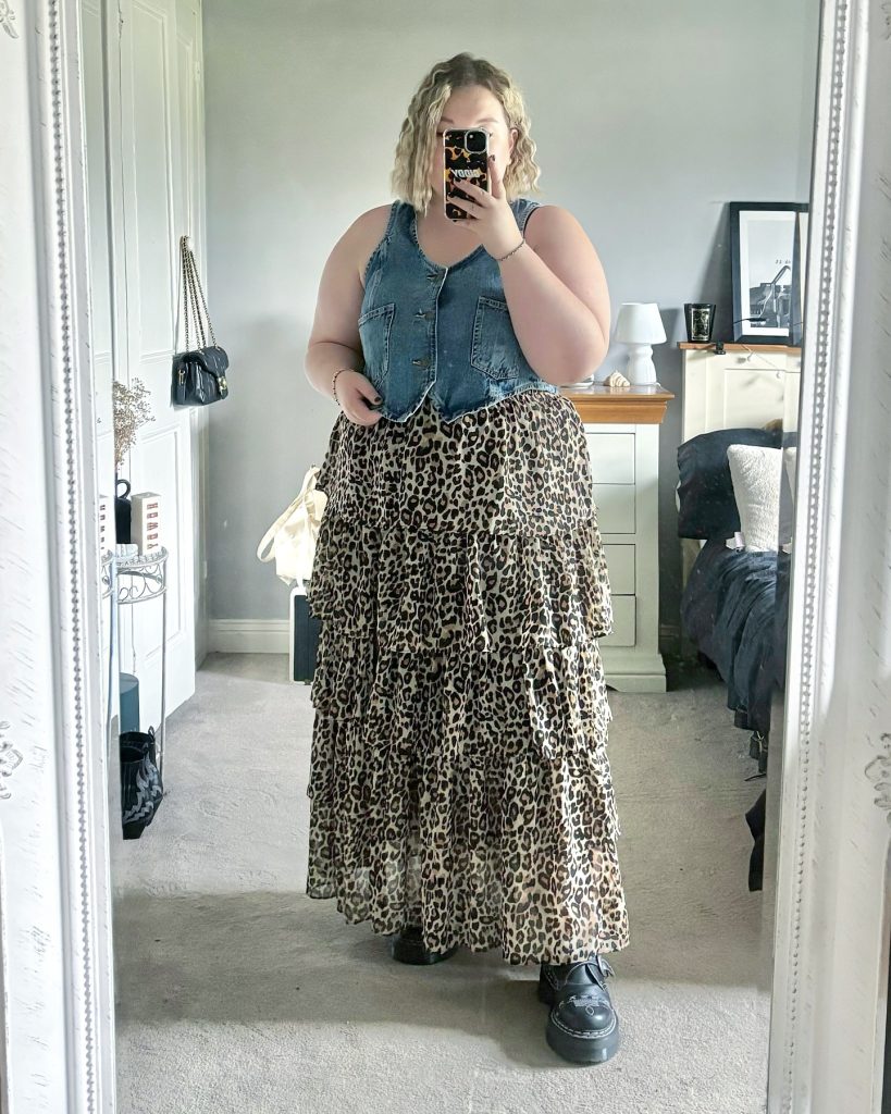 Leopard Print Maxi Skirt + Denim Vest + Black Platform Shoes