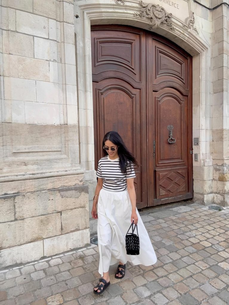 Striped T-Shirt + White Maxi Skirt