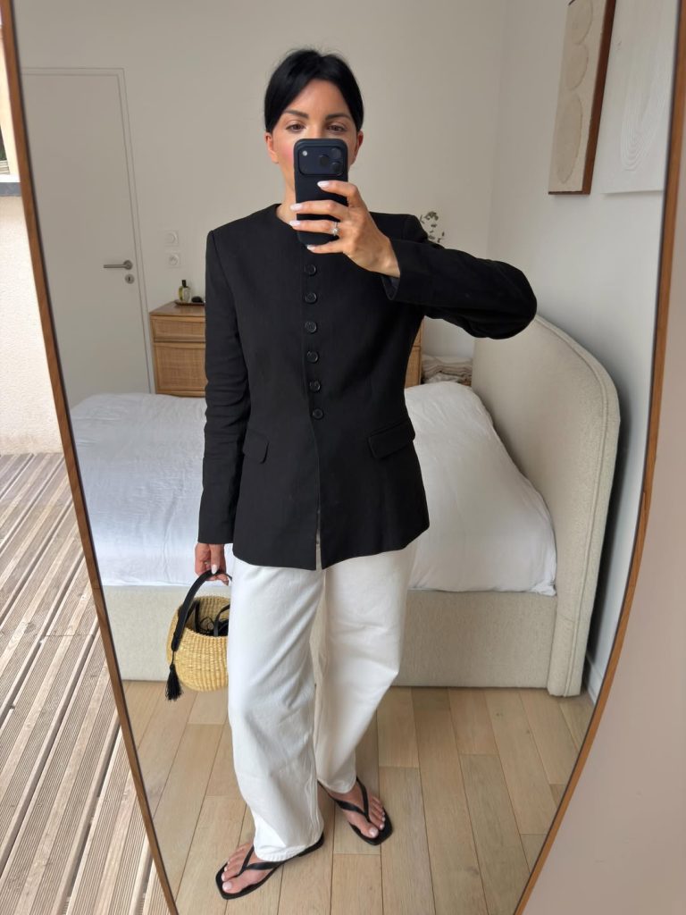 Black Buttoned Jacket + White Jeans