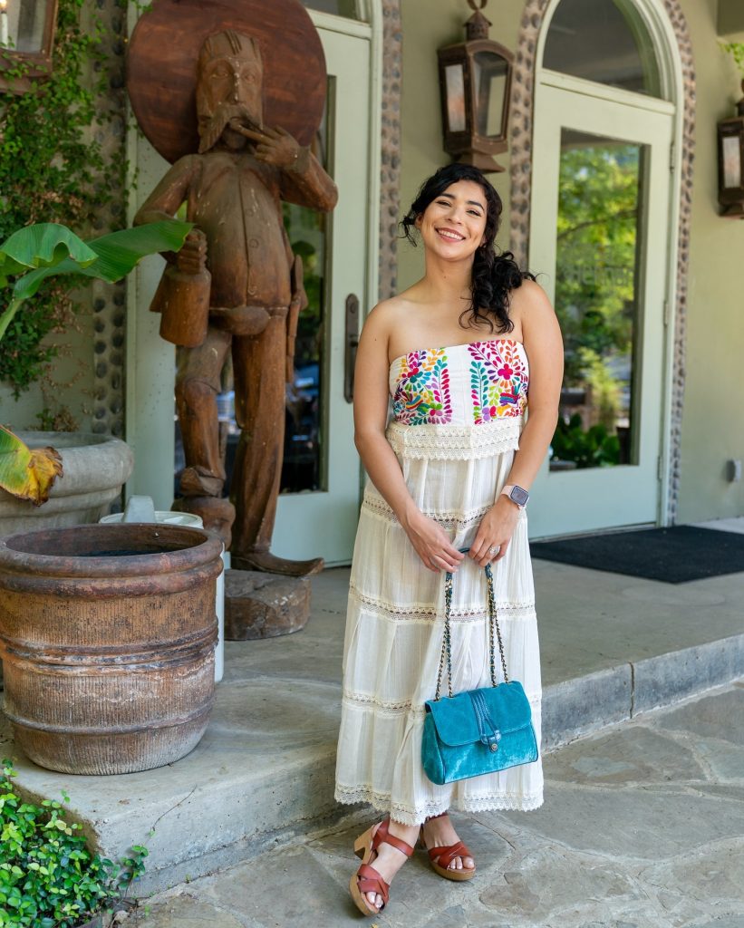 White Embroidered Strapless Dress + Turquoise Bag