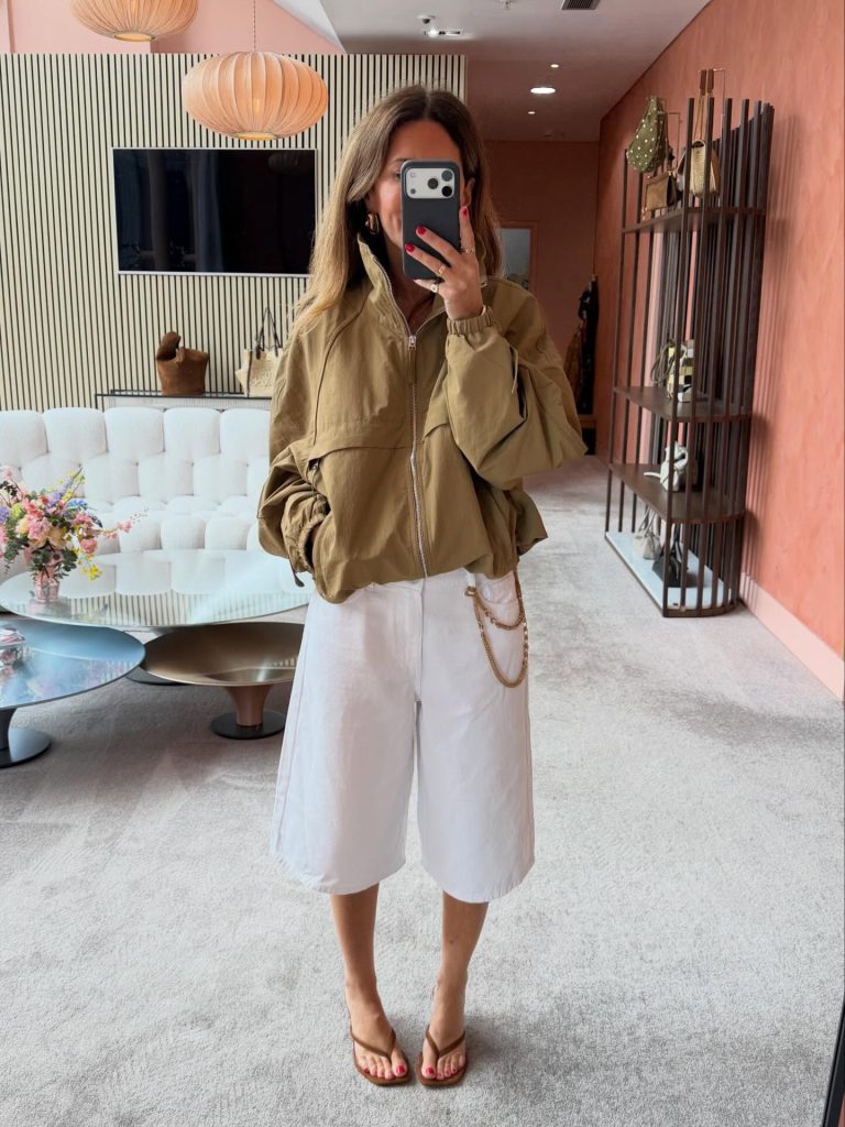 Khaki Bomber Jacket + White Culottes