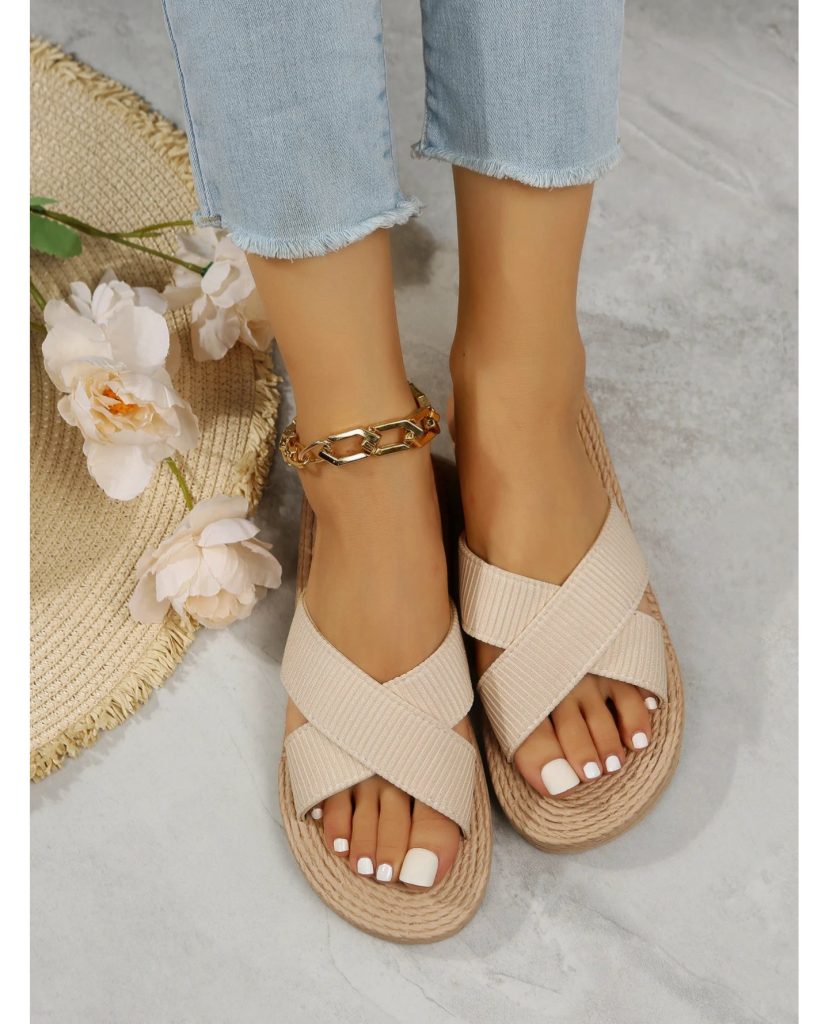 Beige Cross-Strap Slides
