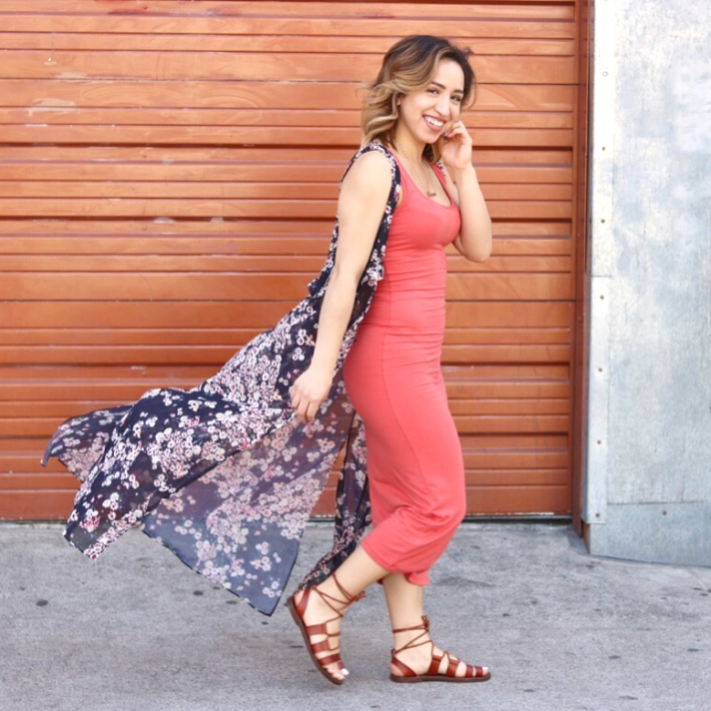 Coral Bodycon Dress + Floral Kimono