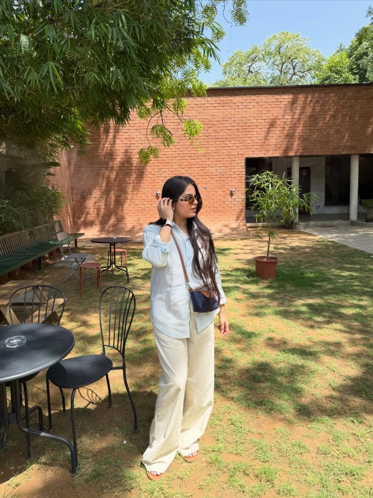 Light Blue Linen Shirt + Cream Wide-Leg Pants
