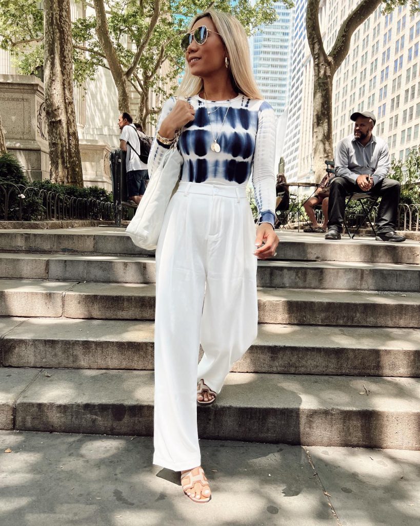 Blue Tie-Dye Long-Sleeve Top + White Wide-Leg Pants