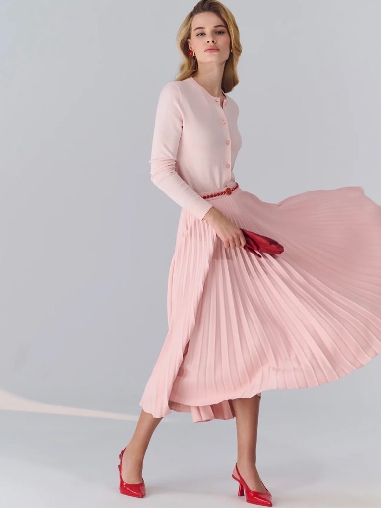 Pink Cardigan + Pleated Midi Skirt