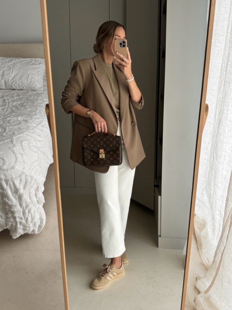 Brown Blazer + Knit Top + White Tailored Pants