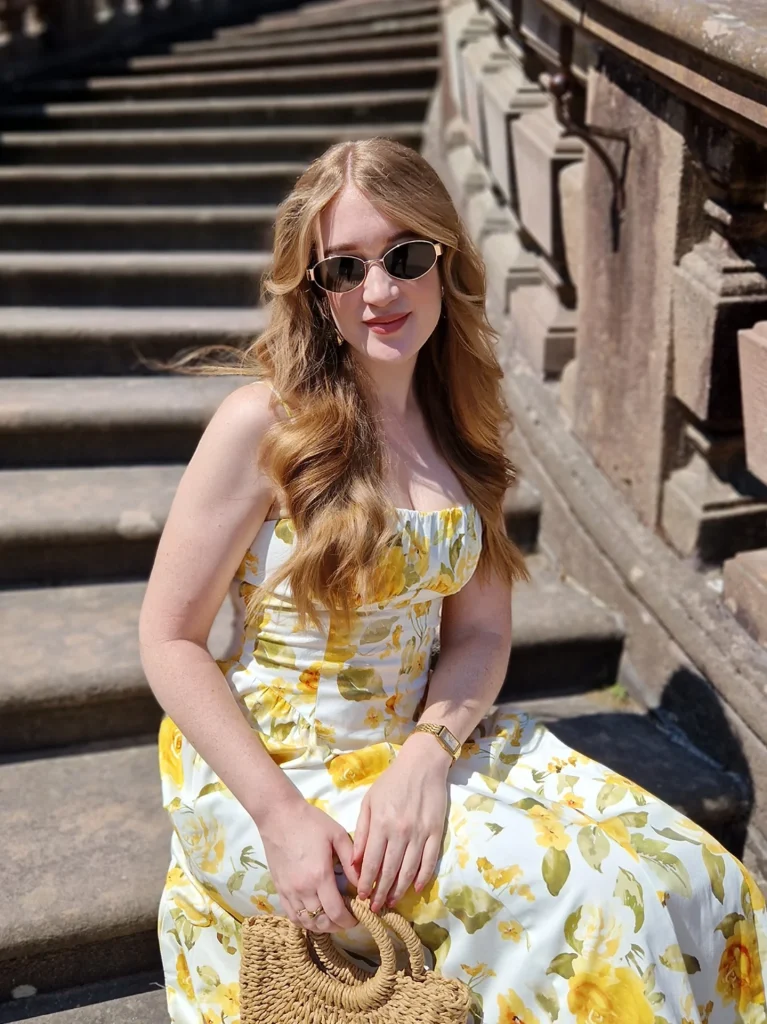 Yellow Floral Sundress + Straw Bag