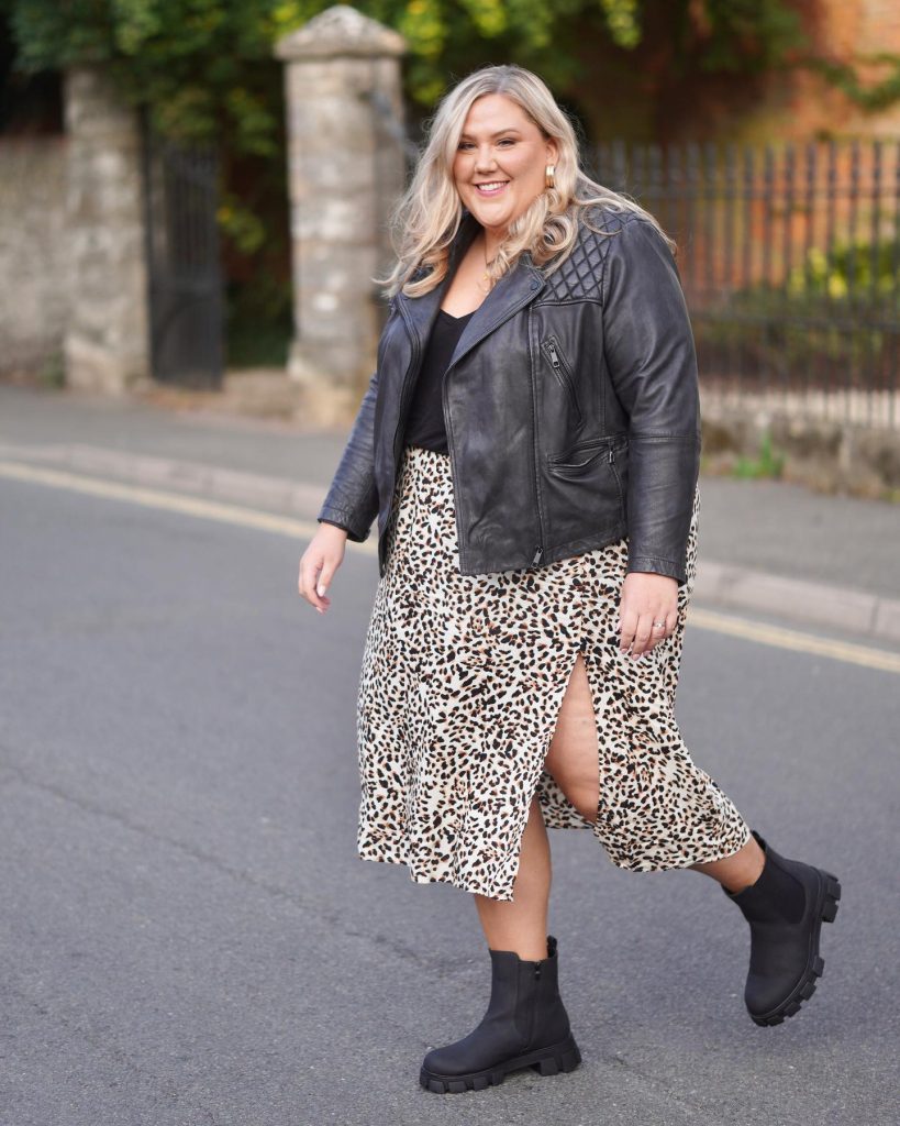 Black Leather Jacket + Leopard Print Skirt + Black Boots