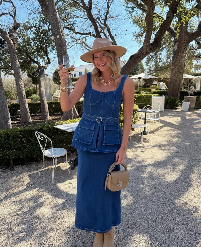 Blue Denim Peplum Top + Denim Maxi Skirt + Tan Fedora Hat