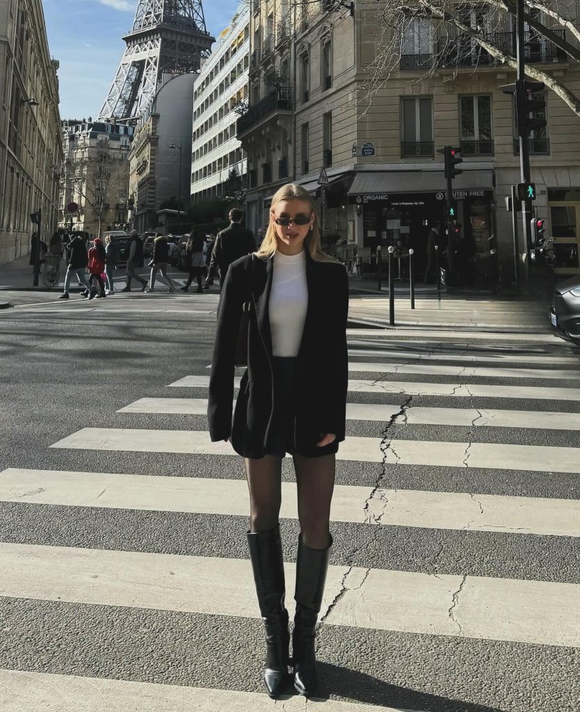Black Oversized Blazer + White Mock Neck Top + Black Mini Skirt