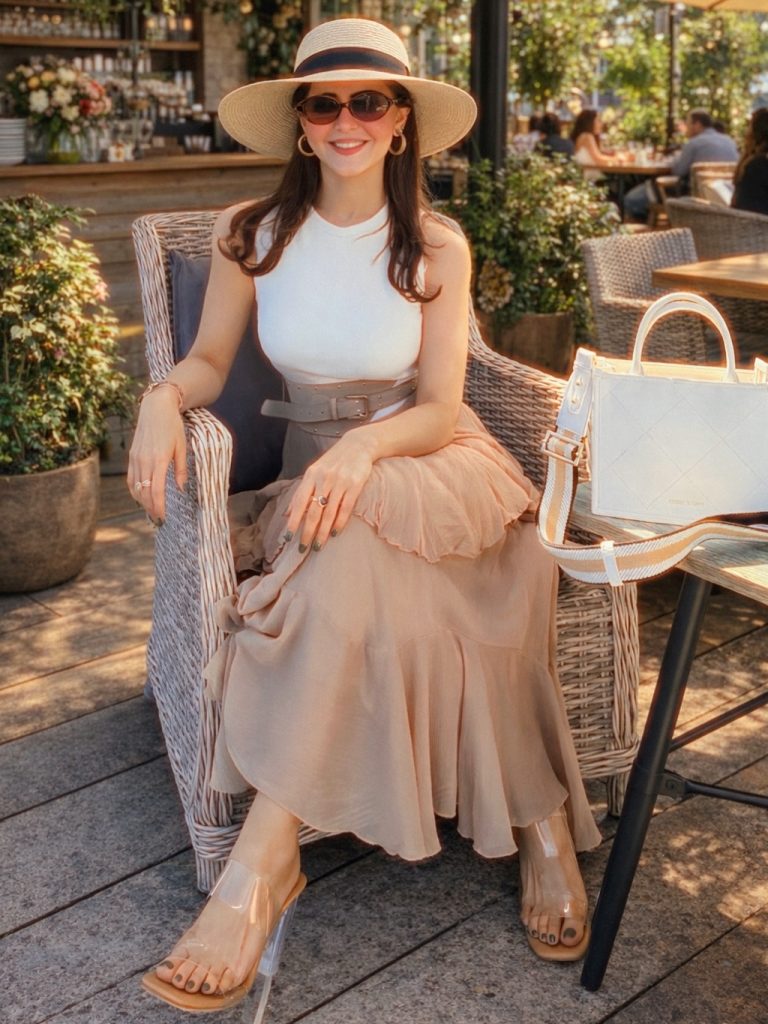 White Ribbed Tank Top + Beige Ruffled Maxi Skirt + Straw Sun Hat