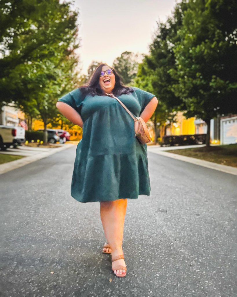 Dark Green Smock Dress + Crossbody Bag + Neutral Sandals