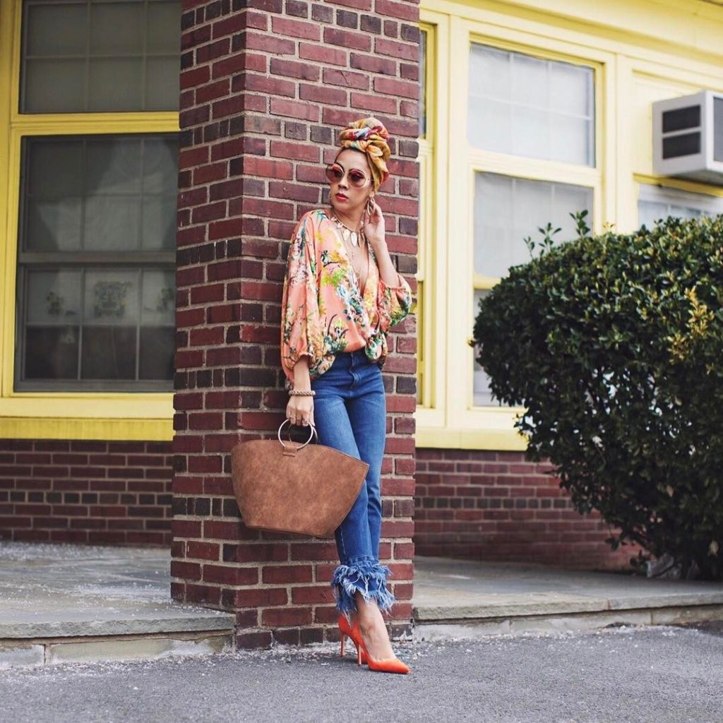 Peach Floral Blouse + Fringed Hem Jeans + Orange Pumps