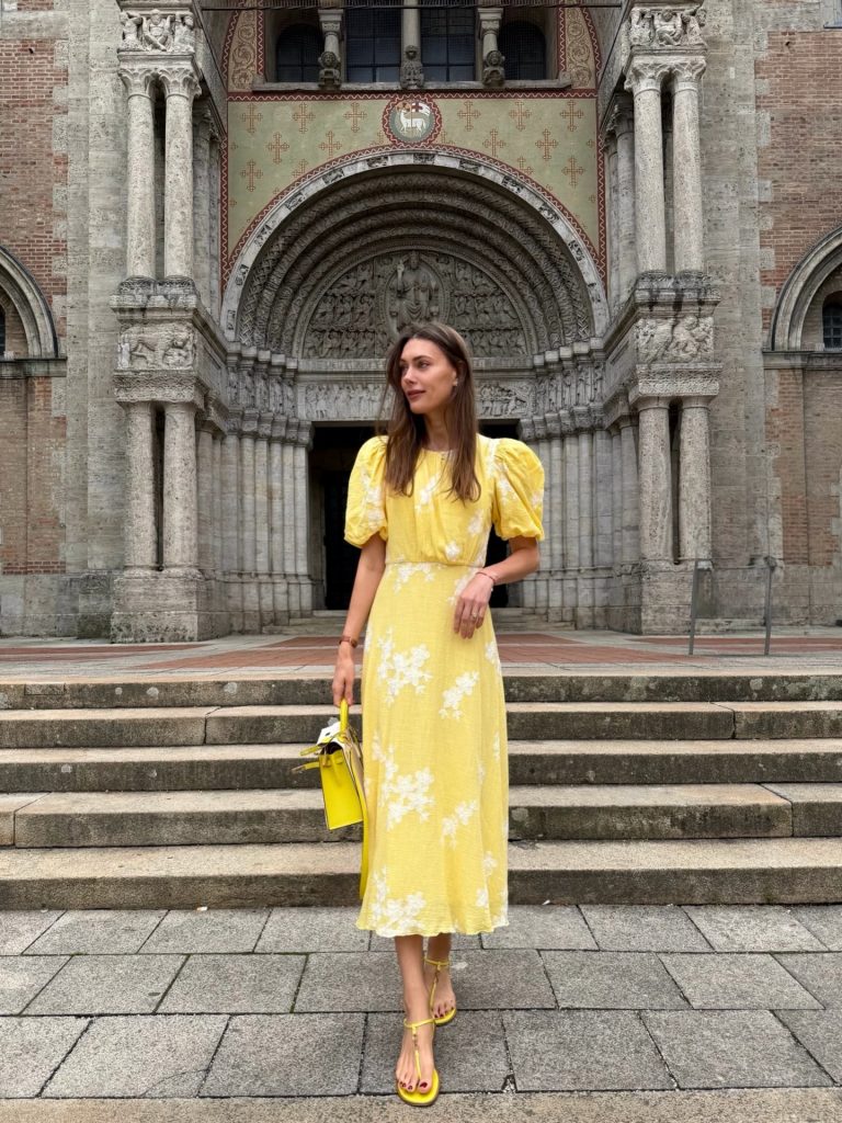Yellow Floral Midi Dress + Yellow T-Strap Sandals