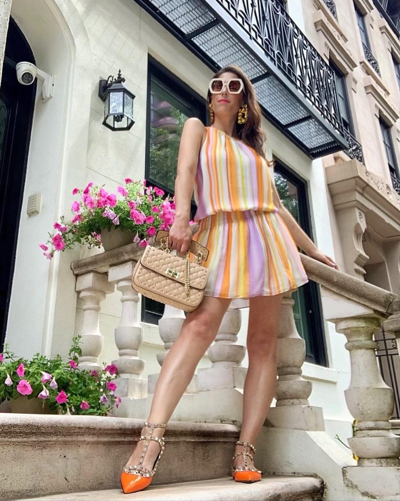 Multicolor Striped Mini Dress + Orange Studded Heels