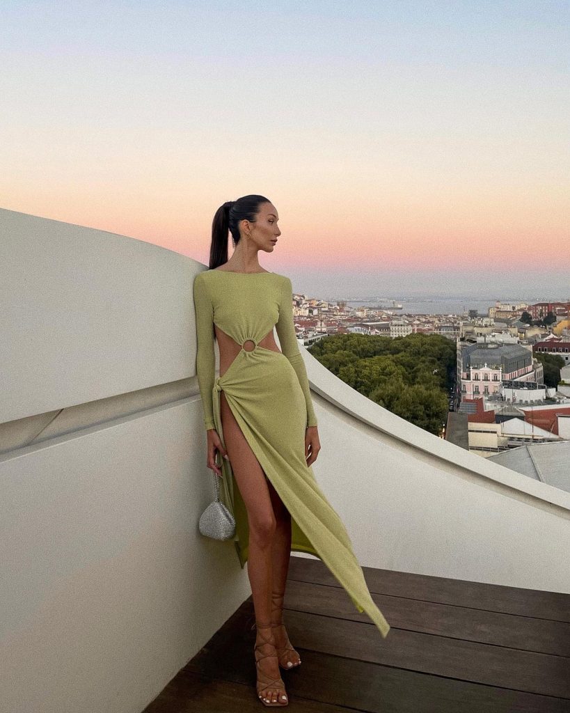 Olive Cut-out Dress + Silver Mini Bag + Lace-up Sandals