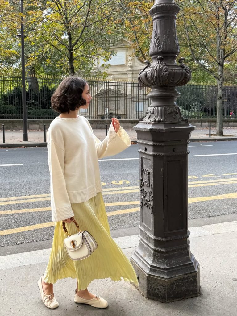 Off-White Sweater + Pleated Maxi Skirt