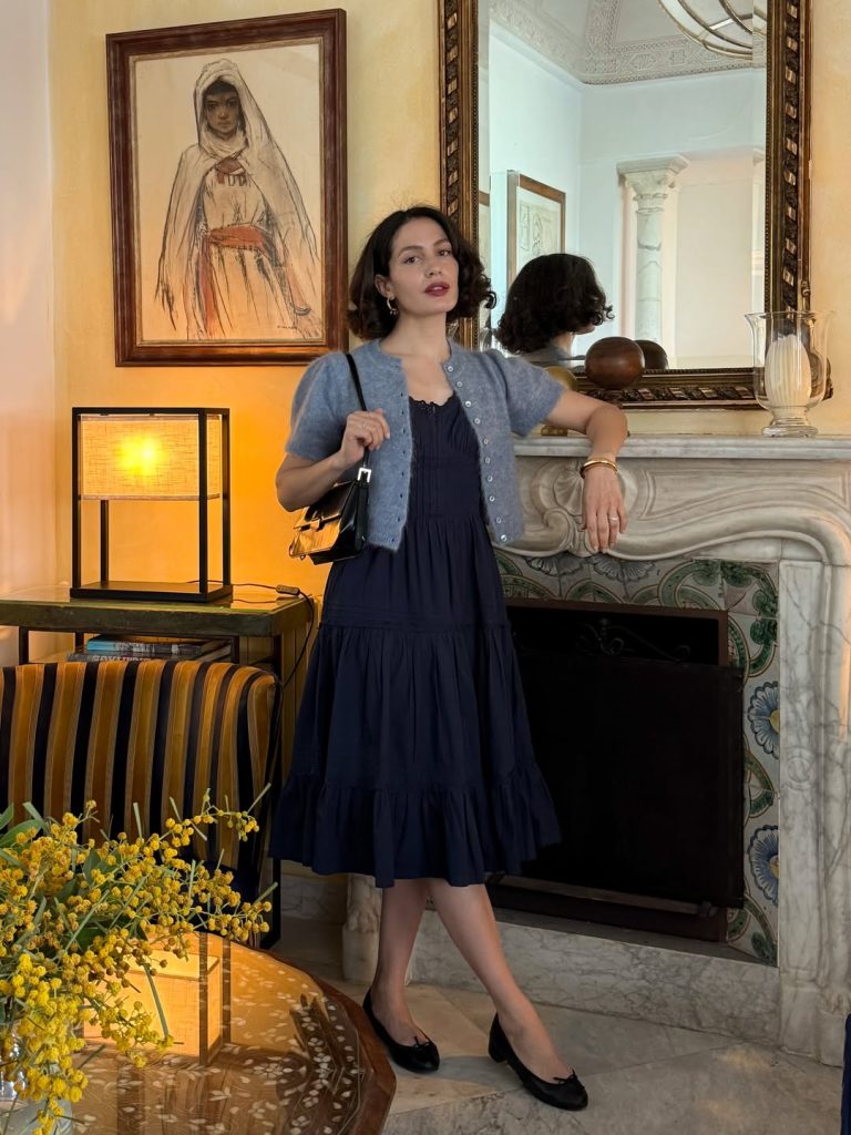 Blue Short-Sleeve Cardigan + Navy Tiered Midi Dress