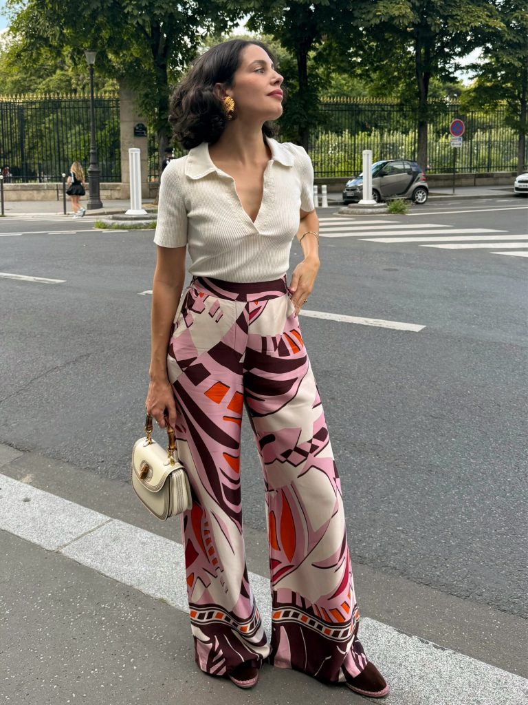 White Polo Knit + Printed Wide-Leg Pants
