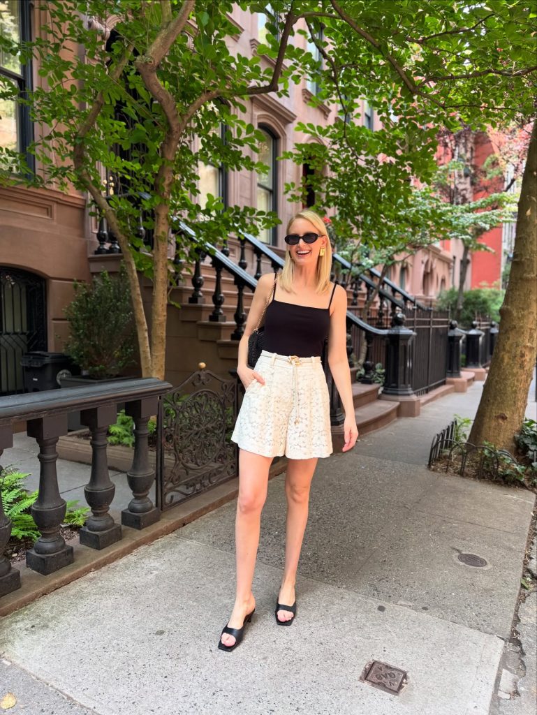 Black Camisole + White Lace Shorts + Low Heel Mules