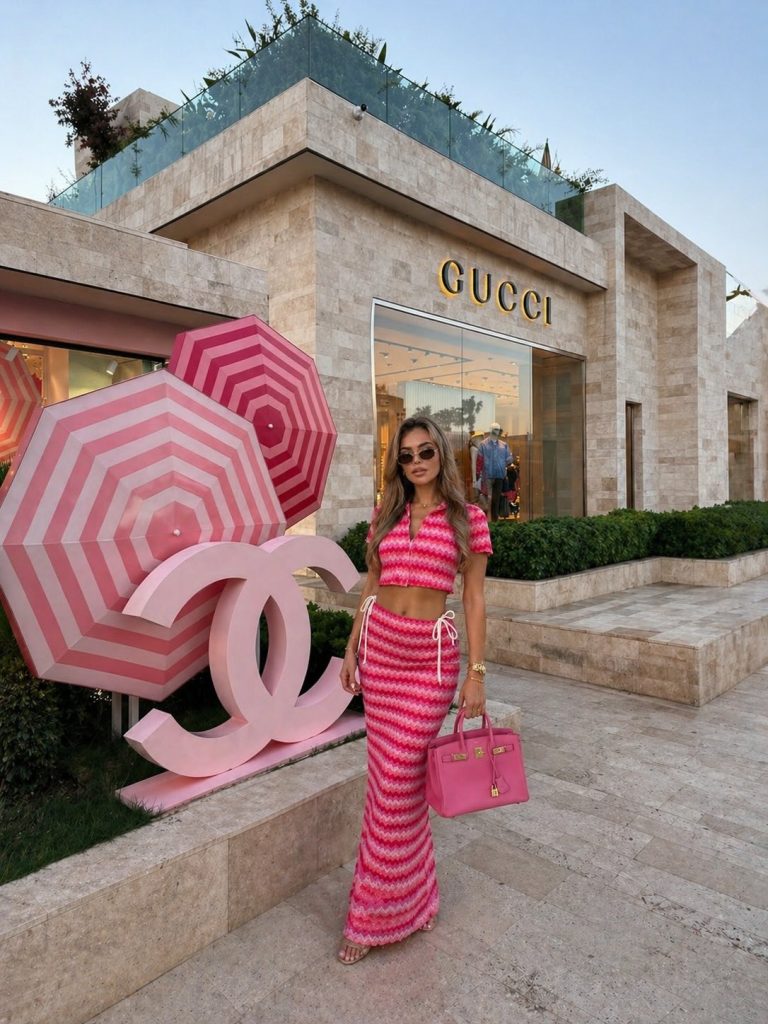 Pink Chevron Crop Top + Matching Maxi Skirt + Pink Handbag