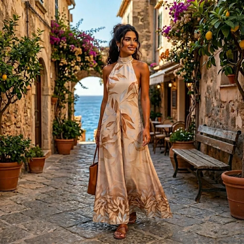 Beige Floral Halter Dress + Tan Leather Sandals