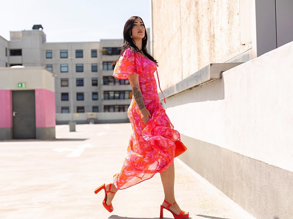 Pink and Orange Floral Maxi Dress + Orange Platform Heels + Orange Clutch