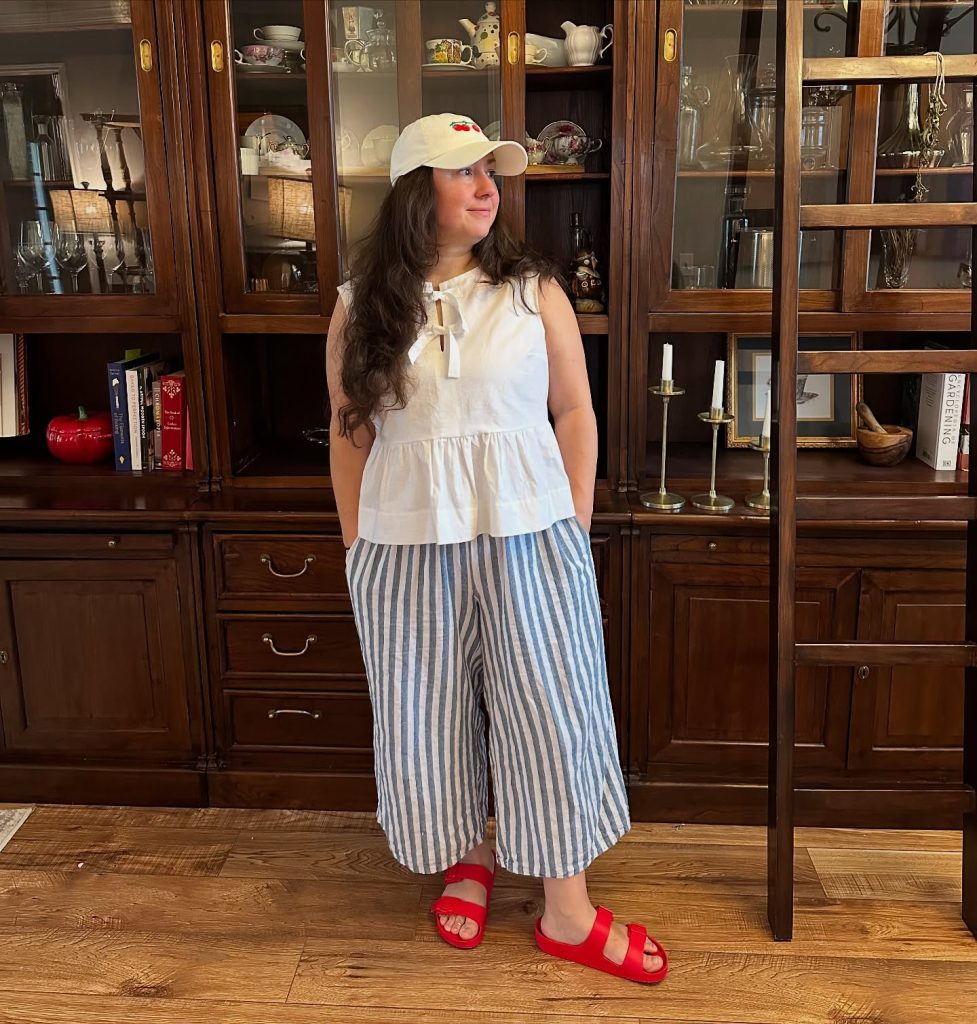 White Peplum Top + Striped Wide-Leg Pants