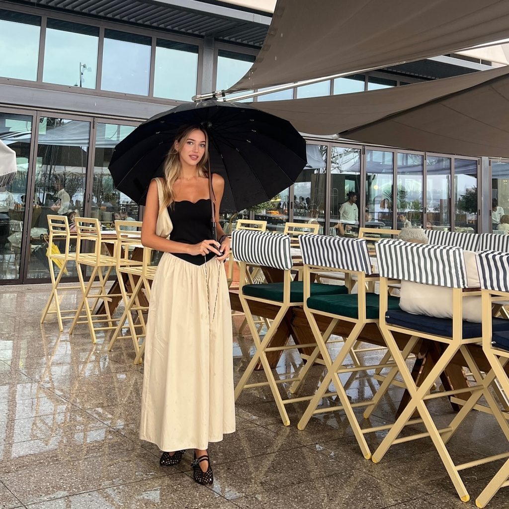 Cream A-Line Maxi Skirt + Black Sweetheart Corset Top + Black Mesh Ballet Flats