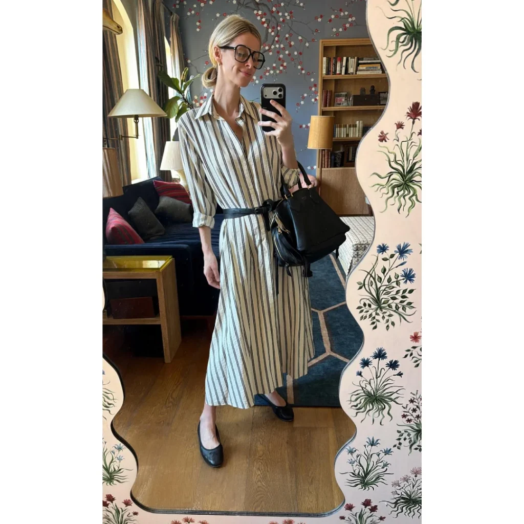 Black and White Striped Shirt Dress + Black Ballet Flats